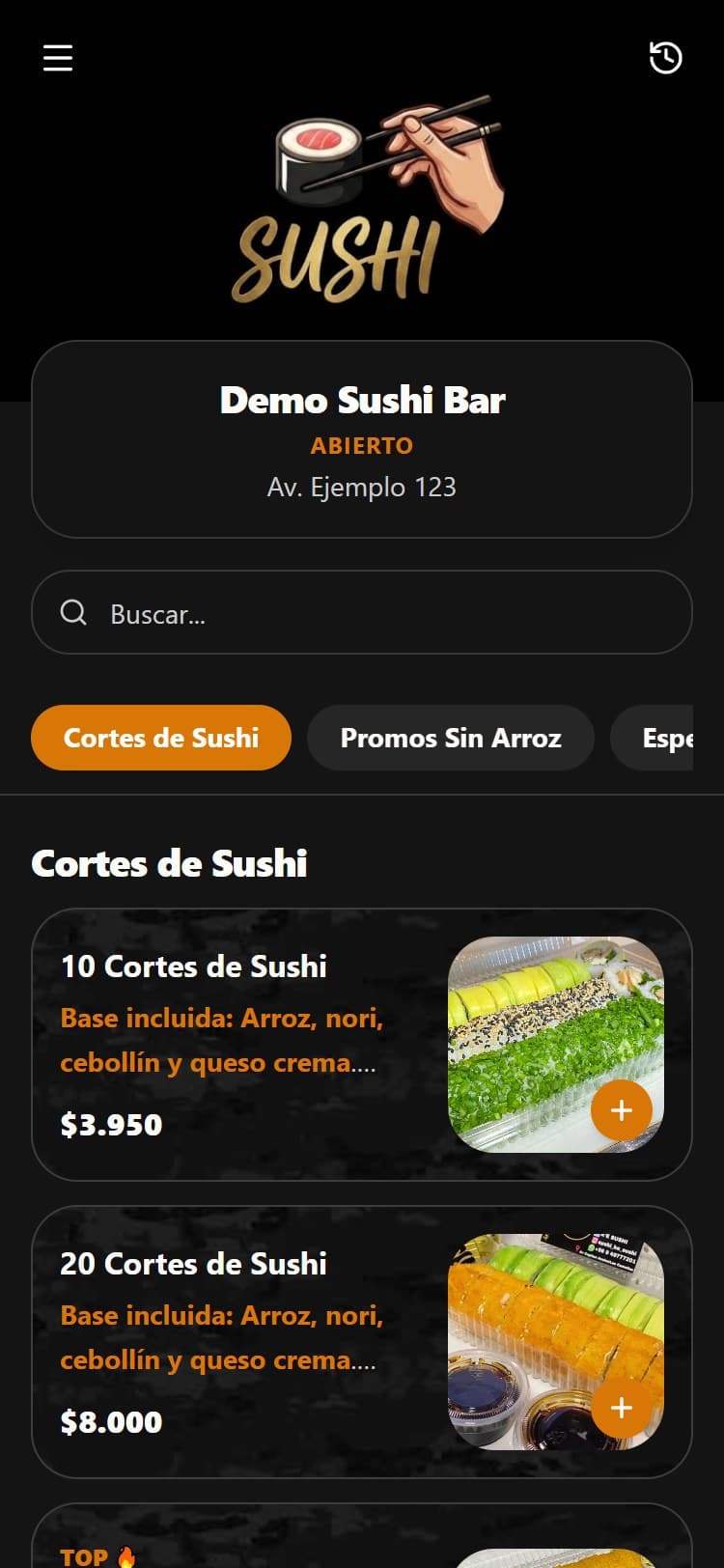 Carta digital de un local de sushi en AquíPides, vista en el celular